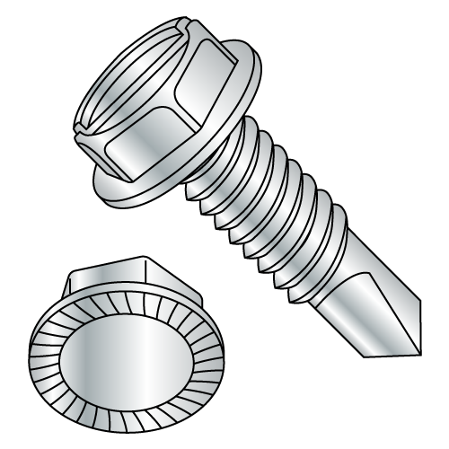 Serrated Hex Washer - Slotted - 7/16" A.F. - Machine Screw Thread - Self Drilling Screws -  Zinc