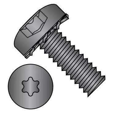 6-32X1/4  Six Lobe Pan Head External Tooth Sems Machine Screw Full Thread Black Zinc Bake